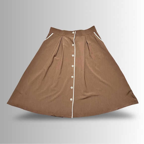 ModCloth Retro Button Down Chocolate Brown MIDI Skirt, Pleated, Pockets, Size XL - Picture 3 of 9
